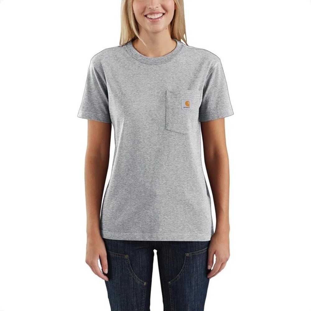 Carhartt Womens Gray Short Sleeve Pocket T-Shirt Heather Grey Logo Tee NWT Sz XS